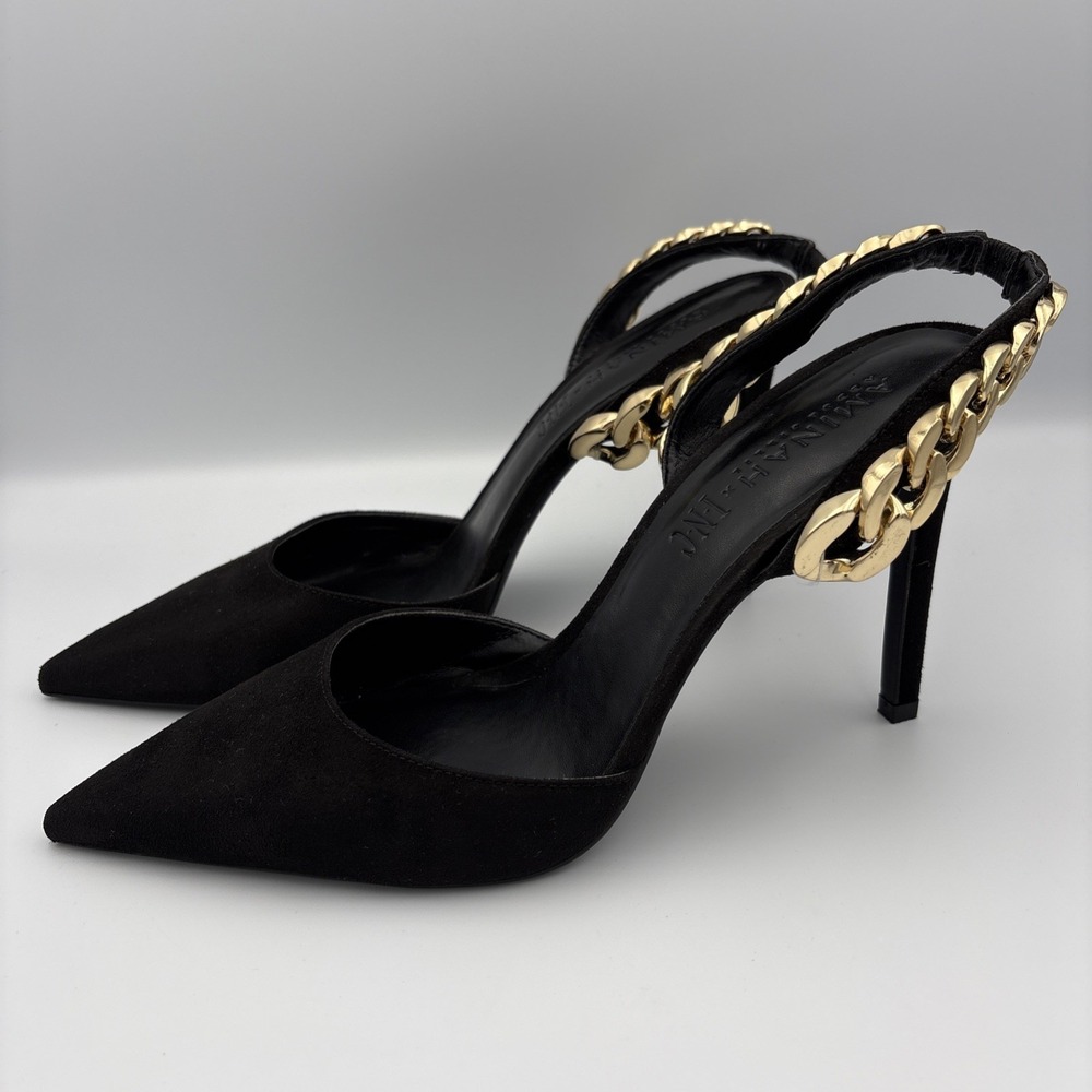 Aminah Abdul Jillil INC Black Gold Chain Sling Back Pumps Heels Point Toe 10M